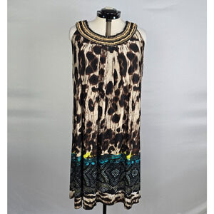 ilu ilu Dress Women's 3X Multi-Color Leopard & Bandana Sleeveless Beads Midi